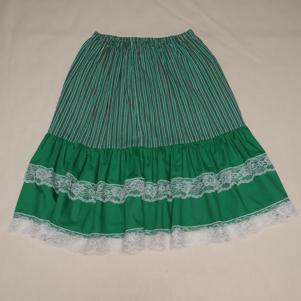 Vintage Green Prairie Skirt Heart Stripe Lace Trim Cottagecore Western 70s
